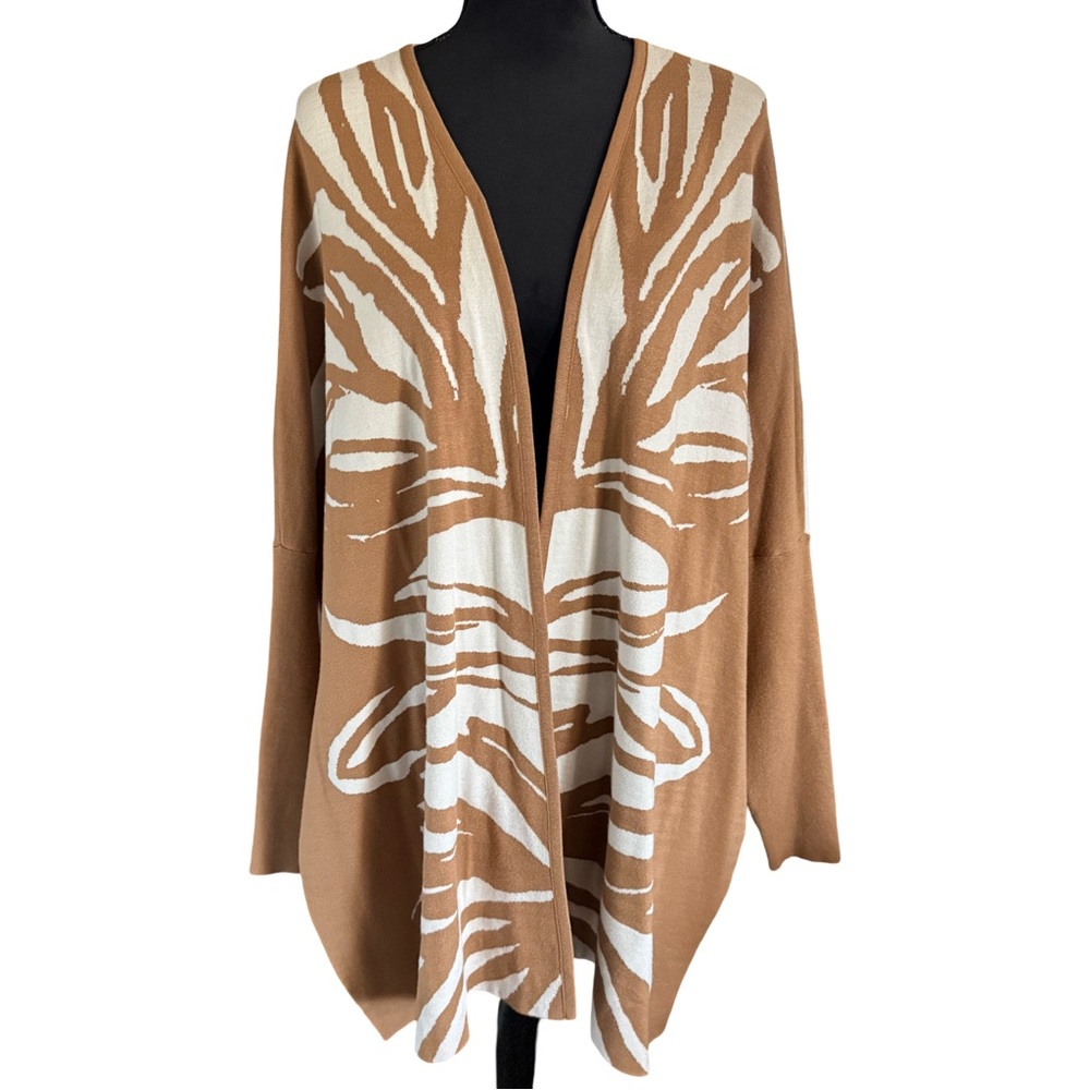 Chico's Open Front Cardigan L/XL Brown Cream Abstract Print Cozy Sweater